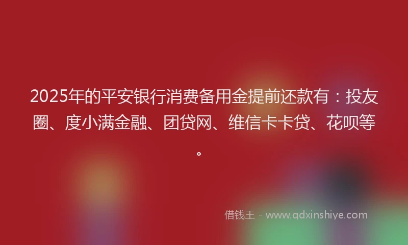 2025年的平安银行消费备用金提前还款有：投友圈、度小满金融、团贷网、维信卡卡贷、花呗等。