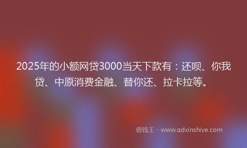 2025年的小额网贷3000当天下款有：还呗、你我贷、中原消费金融、替你还、拉卡拉等。