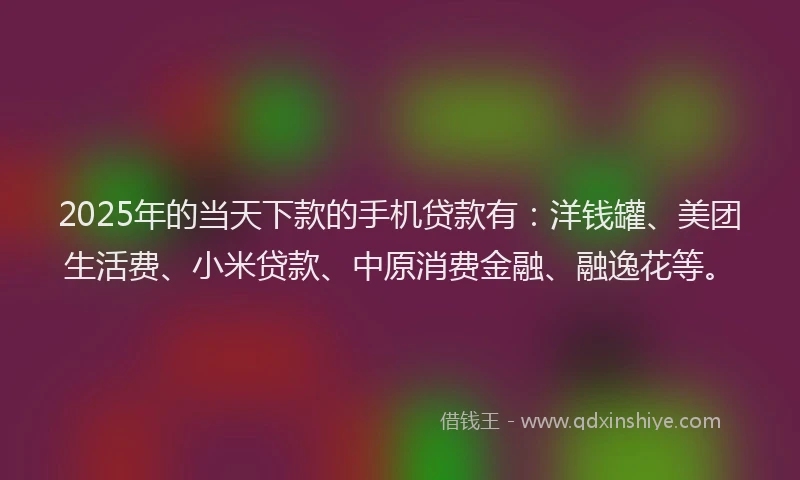 2025年的当天下款的手机贷款有：洋钱罐、美团生活费、小米贷款、中原消费金融、融逸花等。