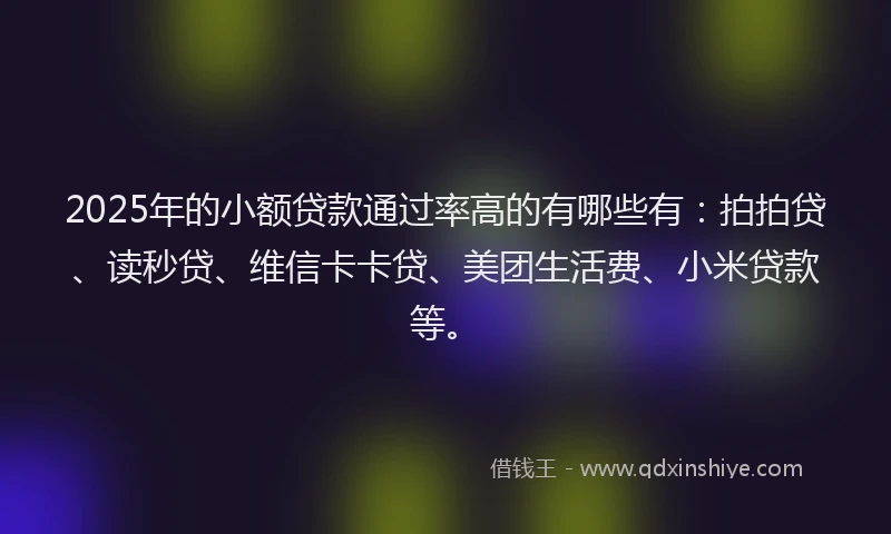 2025年的小额贷款通过率高的有哪些有：拍拍贷、读秒贷、维信卡卡贷、美团生活费、小米贷款等。
