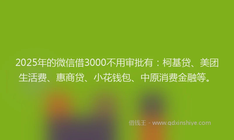 2025年的微信借3000不用审批有：柯基贷、美团生活费、惠商贷、小花钱包、中原消费金融等。