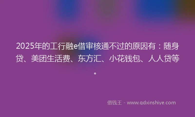 2025年的工行融e借审核通不过的原因有:随身贷、美团生活费、东方汇、小花钱包、人人贷等。