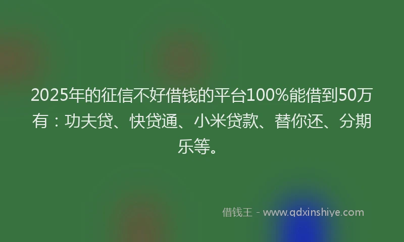 2025年的征信不好借钱的平台100%能借到50万有：功夫贷、快贷通、小米贷款、替你还、分期乐等。