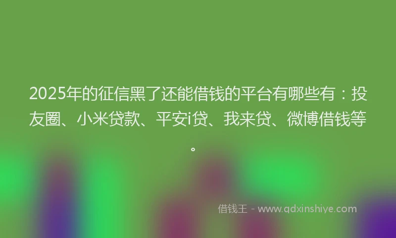 2025年的征信黑了还能借钱的平台有哪些有：投友圈、小米贷款、平安i贷、我来贷、微博借钱等。
