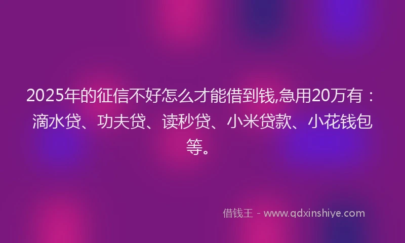 2025年的征信不好怎么才能借到钱,急用20万有：滴水贷、功夫贷、读秒贷、小米贷款、小花钱包等。