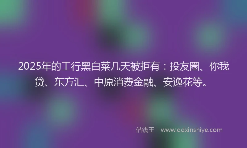 2025年的工行黑白菜几天被拒有：投友圈、你我贷、东方汇、中原消费金融、安逸花等。