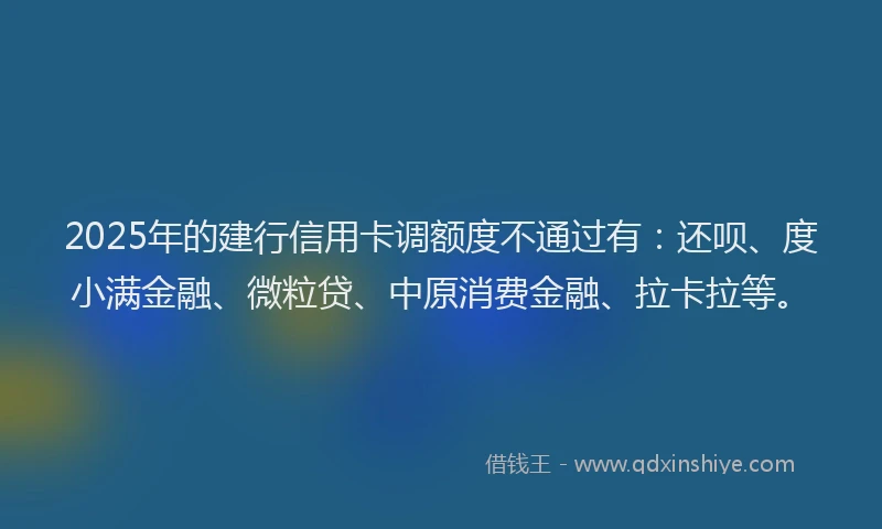 2025年的建行信用卡调额度不通过有：还呗、度小满金融、微粒贷、中原消费金融、拉卡拉等。