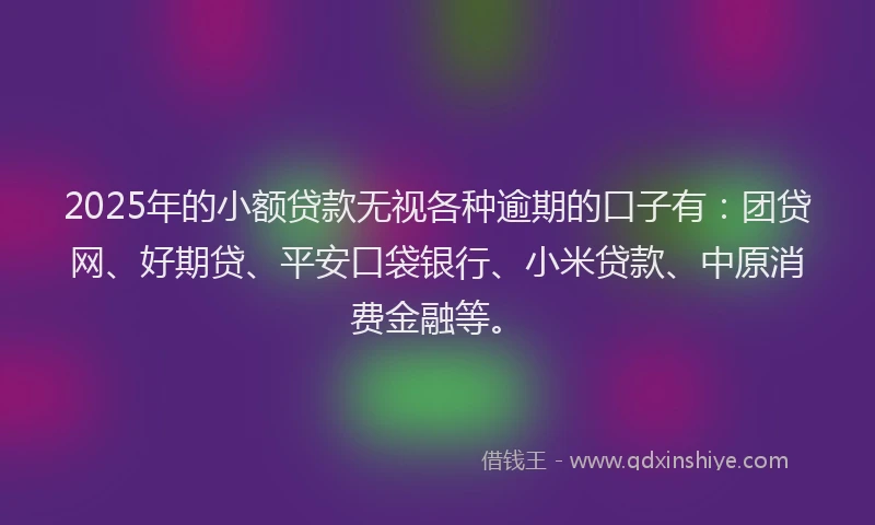 2025年的小额贷款无视各种逾期的口子有：团贷网、好期贷、平安口袋银行、小米贷款、中原消费金融等。