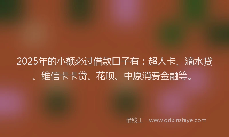 2025年的小额必过借款口子有：超人卡、滴水贷、维信卡卡贷、花呗、中原消费金融等。