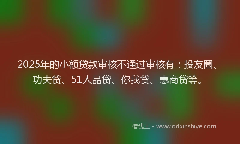2025年的小额贷款审核不通过审核有：投友圈、功夫贷、51人品贷、你我贷、惠商贷等。