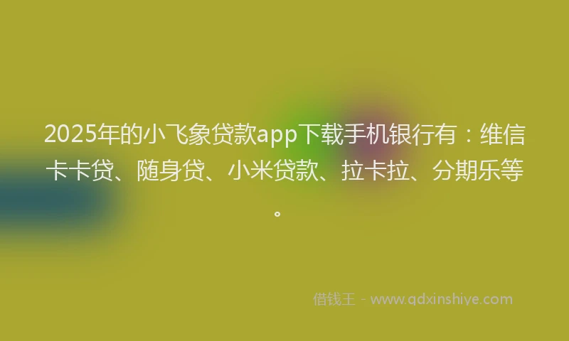 2025年的小飞象贷款app下载手机银行有：维信卡卡贷、随身贷、小米贷款、拉卡拉、分期乐等。