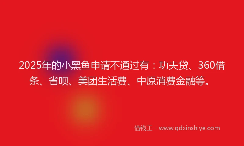 2025年的小黑鱼申请不通过有：功夫贷、360借条、省呗、美团生活费、中原消费金融等。