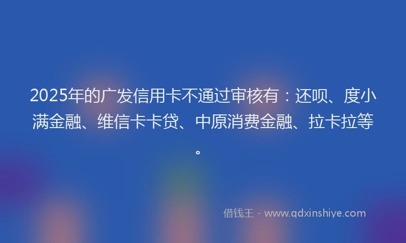 2025年的广发信用卡不通过审核有：还呗、度小满金融、维信卡卡贷、中原消费金融、拉卡拉等。