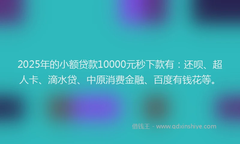 2025年的小额贷款10000元秒下款有：还呗、超人卡、滴水贷、中原消费金融、百度有钱花等。