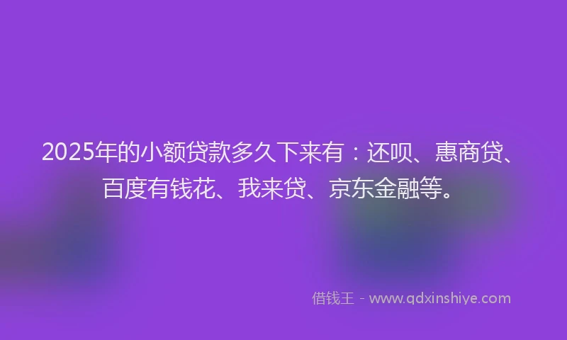 2025年的小额贷款多久下来有：还呗、惠商贷、百度有钱花、我来贷、京东金融等。