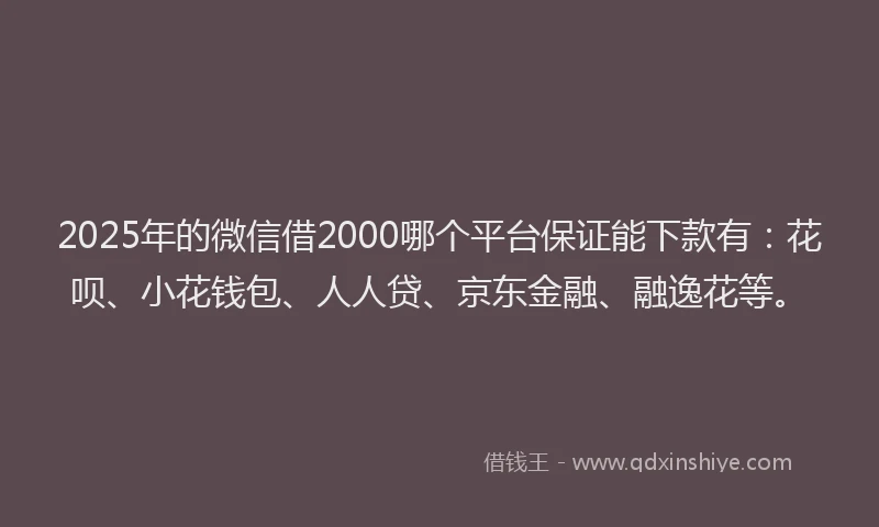 2025年的微信借2000哪个平台保证能下款有：花呗、小花钱包、人人贷、京东金融、融逸花等。