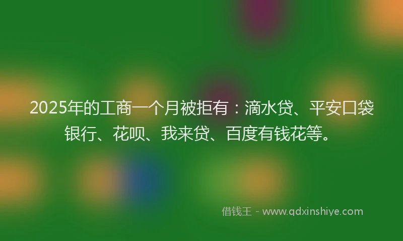 2025年的工商一个月被拒有：滴水贷、平安口袋银行、花呗、我来贷、百度有钱花等。