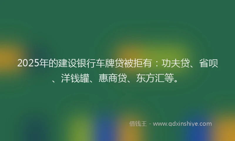 2025年的建设银行车牌贷被拒有：功夫贷、省呗、洋钱罐、惠商贷、东方汇等。