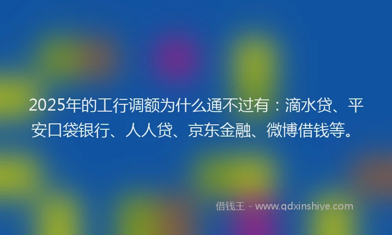 2025年的工行调额为什么通不过有：滴水贷、平安口袋银行、人人贷、京东金融、微博借钱等。