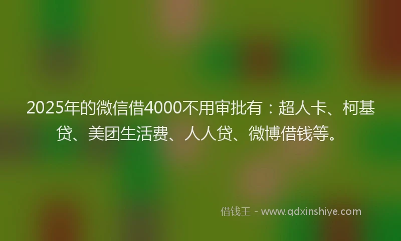 2025年的微信借4000不用审批有：超人卡、柯基贷、美团生活费、人人贷、微博借钱等。