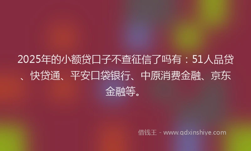 2025年的小额贷口子不查征信了吗有：51人品贷、快贷通、平安口袋银行、中原消费金融、京东金融等。