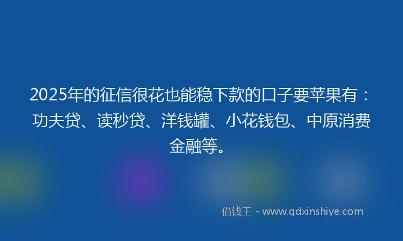 2025年的征信很花也能稳下款的口子要苹果有：功夫贷、读秒贷、洋钱罐、小花钱包、中原消费金融等。