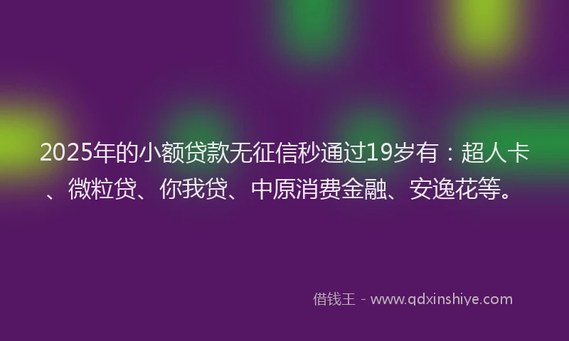 2025年的小额贷款无征信秒通过19岁有：超人卡、微粒贷、你我贷、中原消费金融、安逸花等。