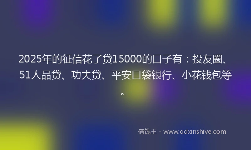 2025年的征信花了贷15000的口子有：投友圈、51人品贷、功夫贷、平安口袋银行、小花钱包等。
