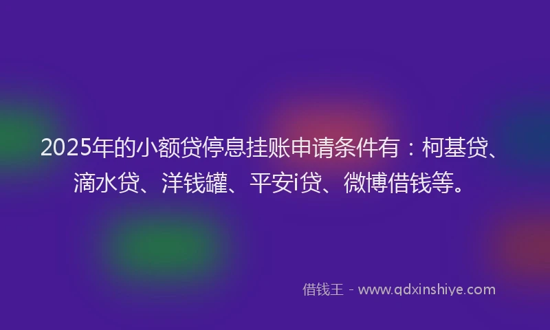 2025年的小额贷停息挂账申请条件有：柯基贷、滴水贷、洋钱罐、平安i贷、微博借钱等。