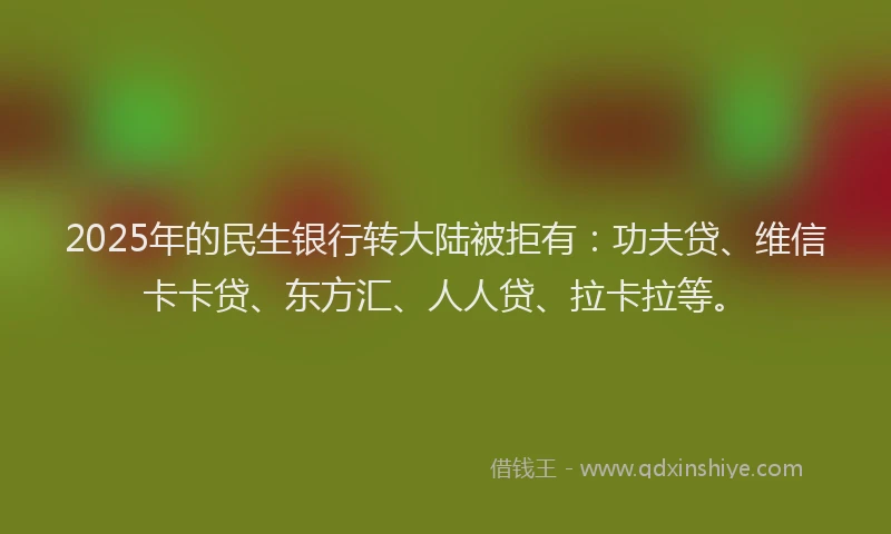 2025年的民生银行转大陆被拒有：功夫贷、维信卡卡贷、东方汇、人人贷、拉卡拉等。