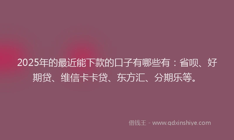 2025年的最近能下款的口子有哪些有：省呗、好期贷、维信卡卡贷、东方汇、分期乐等。