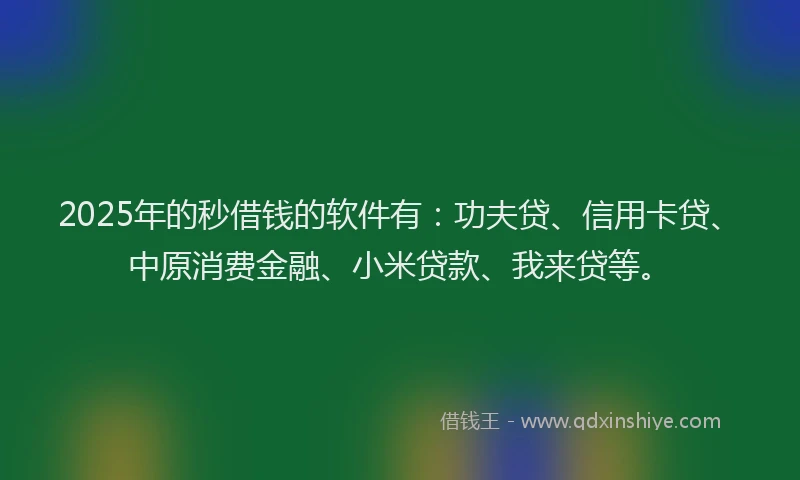 2025年的秒借钱的软件有：功夫贷、信用卡贷、中原消费金融、小米贷款、我来贷等。