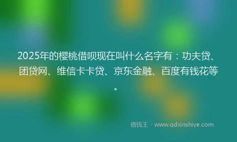 2025年的樱桃借呗现在叫什么名字有：功夫贷、团贷网、维信卡卡贷、京东金融、百度有钱花等。