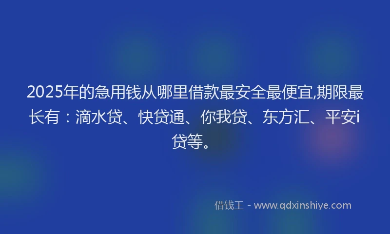 2025年的急用钱从哪里借款最安全最便宜,期限最长有：滴水贷、快贷通、你我贷、东方汇、平安i贷等。