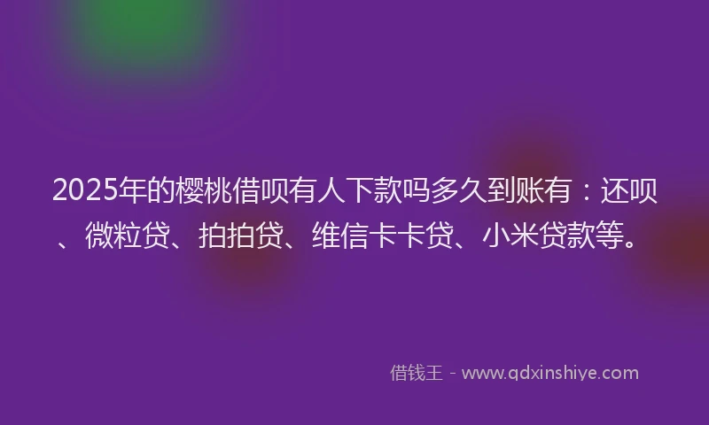 2025年的樱桃借呗有人下款吗多久到账有：还呗、微粒贷、拍拍贷、维信卡卡贷、小米贷款等。