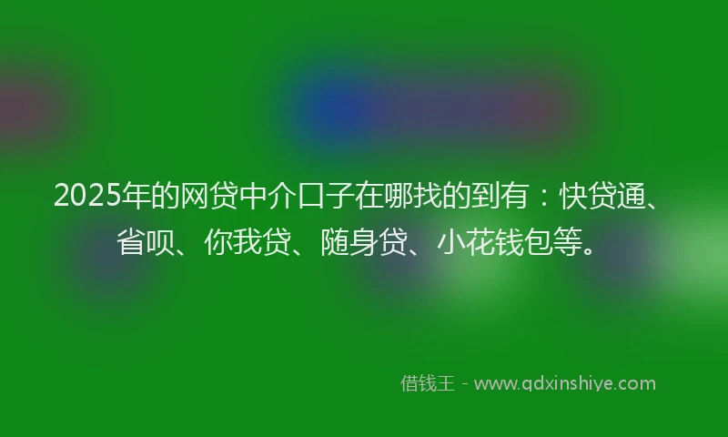 2025年的网贷中介口子在哪找的到有：快贷通、省呗、你我贷、随身贷、小花钱包等。