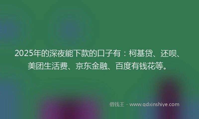 2025年的深夜能下款的口子有：柯基贷、还呗、美团生活费、京东金融、百度有钱花等。