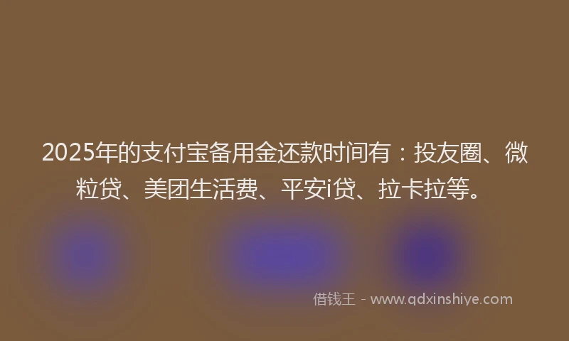 2025年的支付宝备用金还款时间有：投友圈、微粒贷、美团生活费、平安i贷、拉卡拉等。