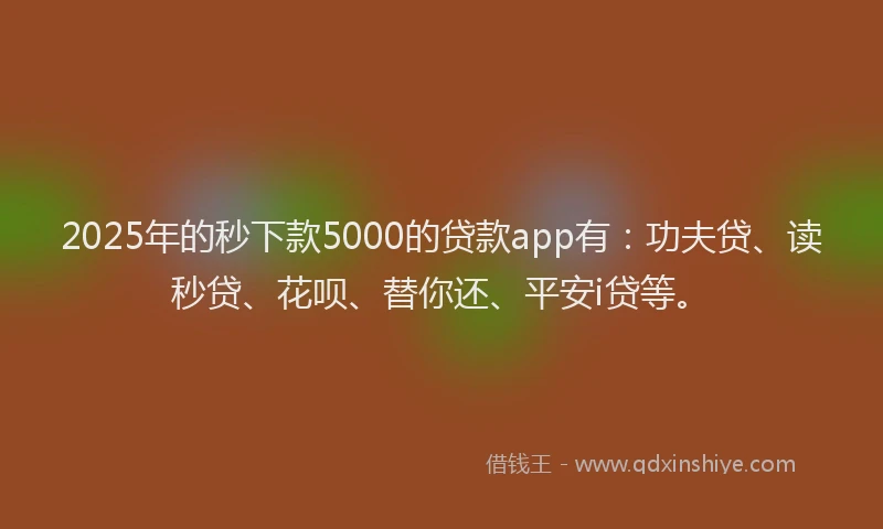 2025年的秒下款5000的贷款app有：功夫贷、读秒贷、花呗、替你还、平安i贷等。