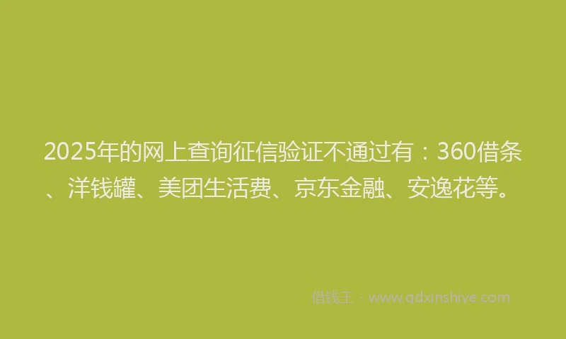 2025年的网上查询征信验证不通过有：360借条、洋钱罐、美团生活费、京东金融、安逸花等。