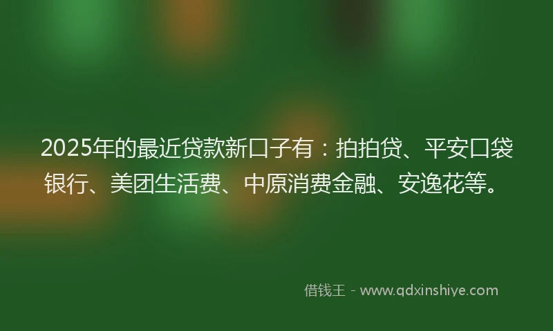 2025年的最近贷款新口子有：拍拍贷、平安口袋银行、美团生活费、中原消费金融、安逸花等。