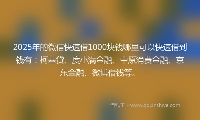 2025年的微信快速借1000块钱哪里可以快速借到钱有：柯基贷、度小满金融、中原消费金融、京东金融、微博借钱等。