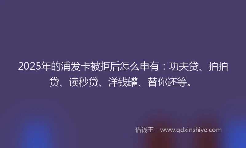 2025年的浦发卡被拒后怎么申有：功夫贷、拍拍贷、读秒贷、洋钱罐、替你还等。
