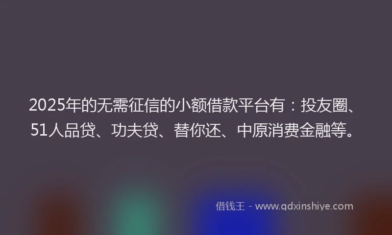 2025年的无需征信的小额借款平台有：投友圈、51人品贷、功夫贷、替你还、中原消费金融等。