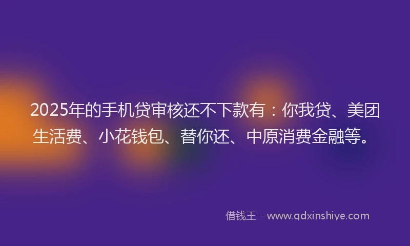 2025年的手机贷审核还不下款有：你我贷、美团生活费、小花钱包、替你还、中原消费金融等。