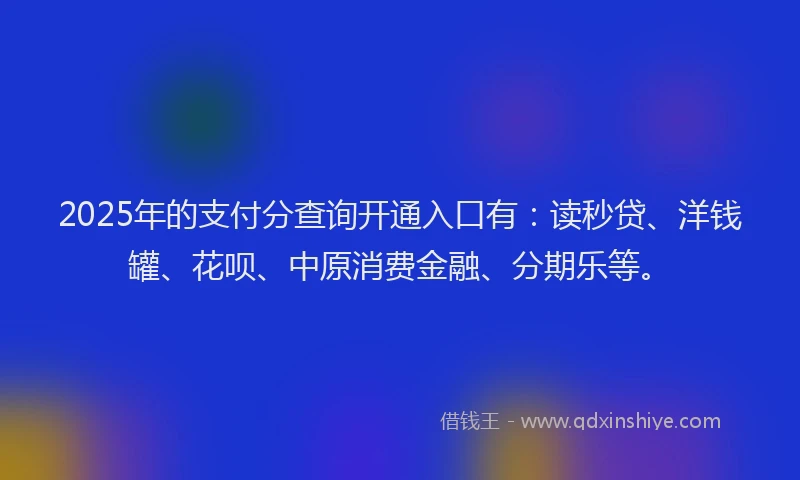 2025年的支付分查询开通入口有：读秒贷、洋钱罐、花呗、中原消费金融、分期乐等。