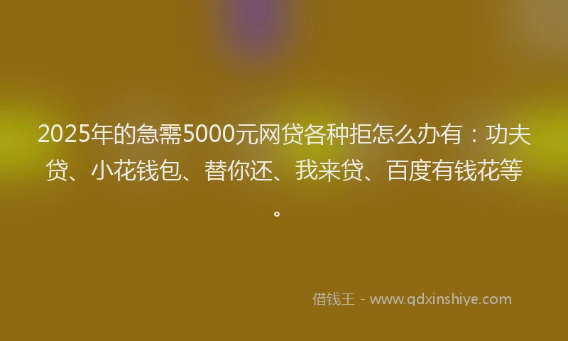 2025年的急需5000元网贷各种拒怎么办有：功夫贷、小花钱包、替你还、我来贷、百度有钱花等。
