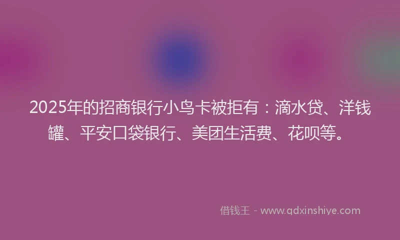 2025年的招商银行小鸟卡被拒有：滴水贷、洋钱罐、平安口袋银行、美团生活费、花呗等。