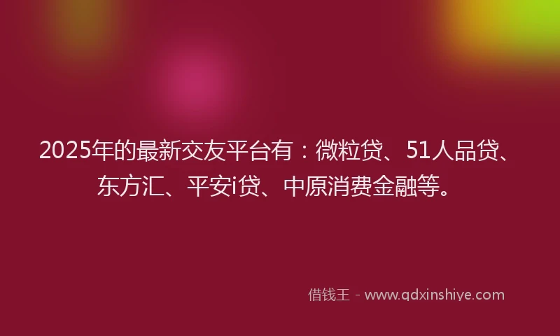 2025年的最新交友平台有：微粒贷、51人品贷、东方汇、平安i贷、中原消费金融等。