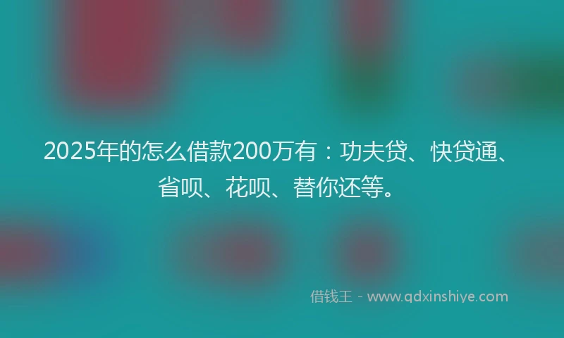 2025年的怎么借款200万有：功夫贷、快贷通、省呗、花呗、替你还等。